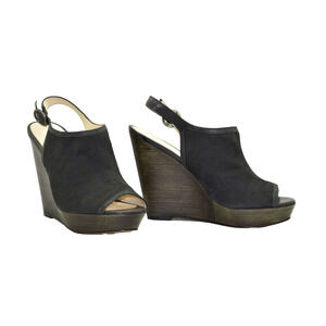 B0 Auth COACH Janet Black Signature Jacquard Hi Heel Wedge Sandal Shoes Sz 8.5M
